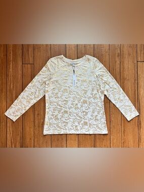Chico's Cream Long Sleeve Tee with Gold Foil Paisley